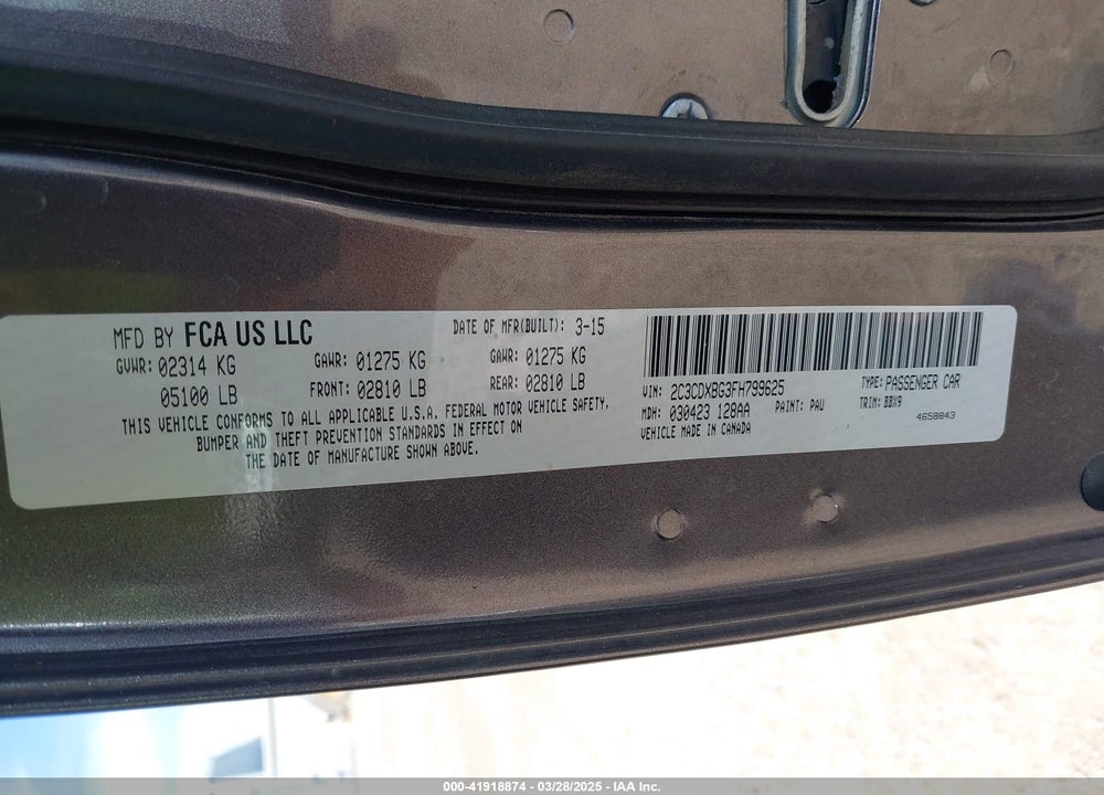 2015 DODGE CHARGER VIN: 2C3CDXBG3FH799625