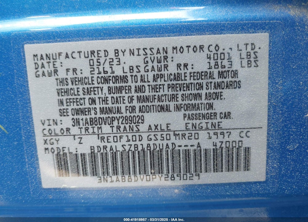 2023 NISSAN SENTRA VIN: 3N1AB8DV0PY289029