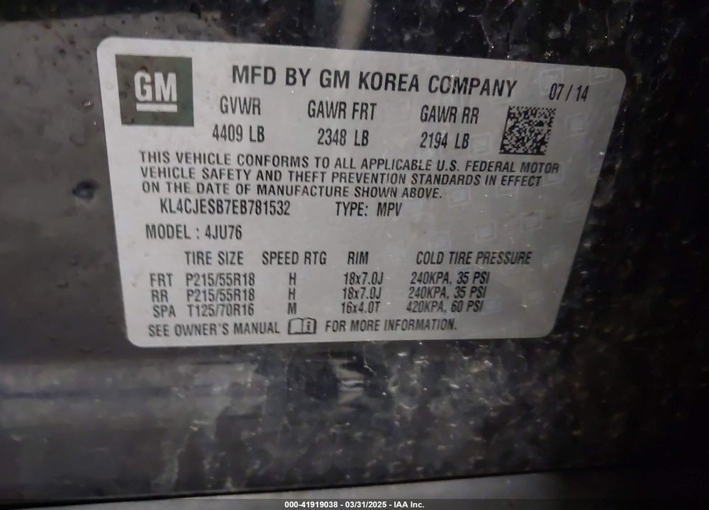 2014 BUICK ENCORE VIN: KL4CJESB7EB781532