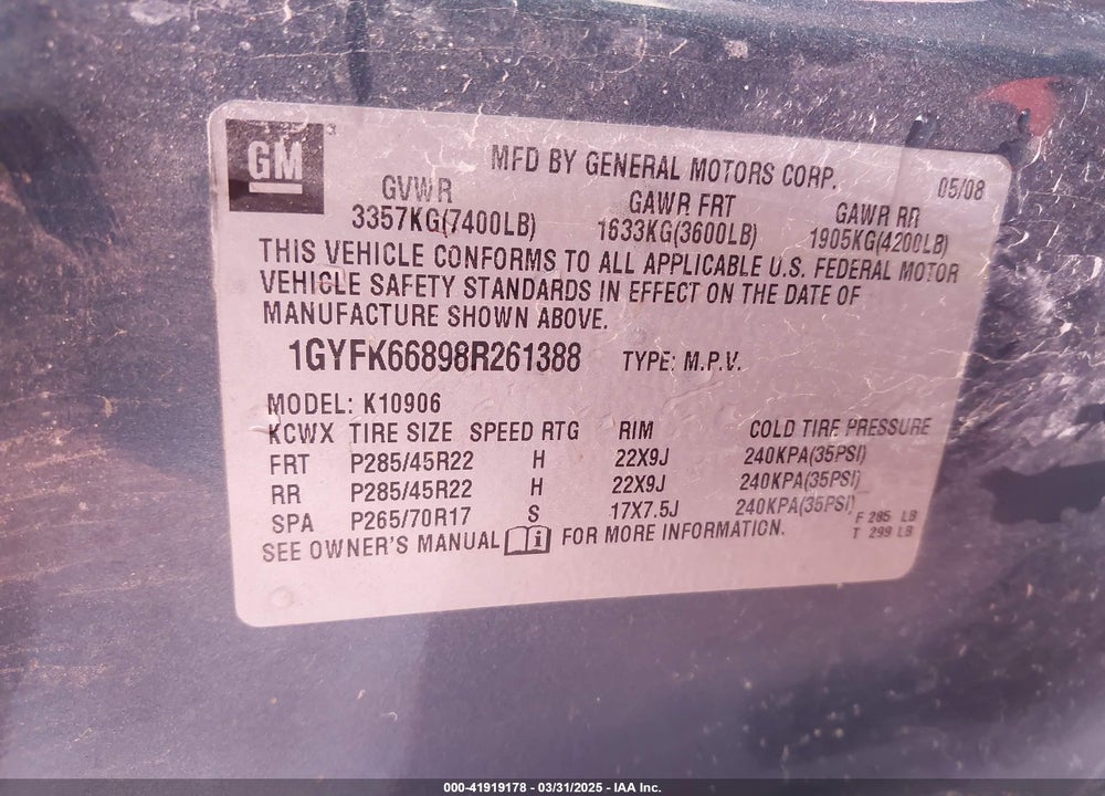 2008 CADILLAC ESCALADE ESV VIN: 1GYFK66898R261388