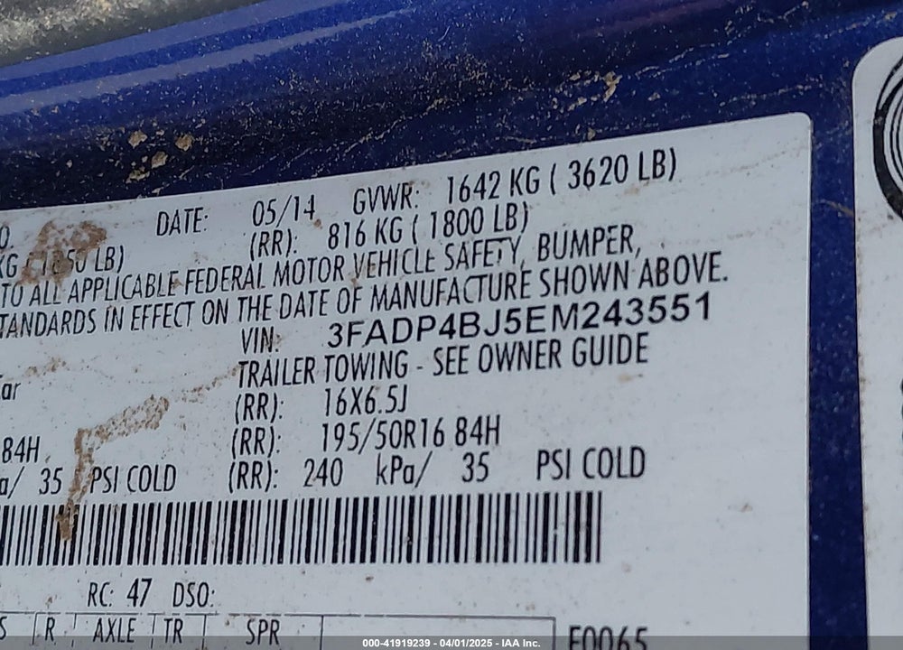 2014 FORD FIESTA VIN: 3FADP4BJ5EM243551
