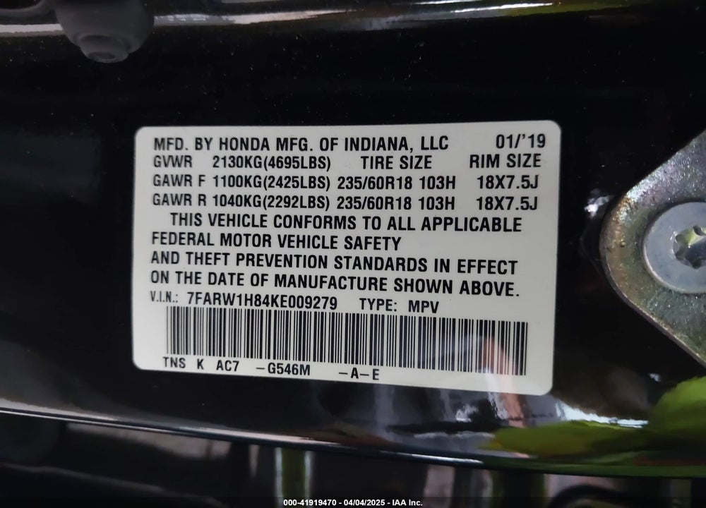 2019 HONDA CR-V VIN: 7FARW1H84KE009279