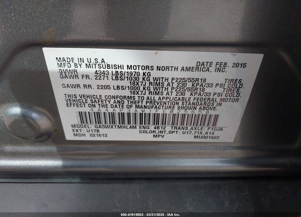 2015 MITSUBISHI OUTLANDER SPORT VIN: 4A4AP3AW1FE025658