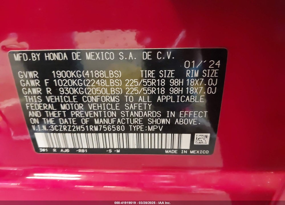 2024 HONDA HR-V AWD SPORT/AWD SPORT W/O BSI VIN: 3CZRZ2H51RM756580