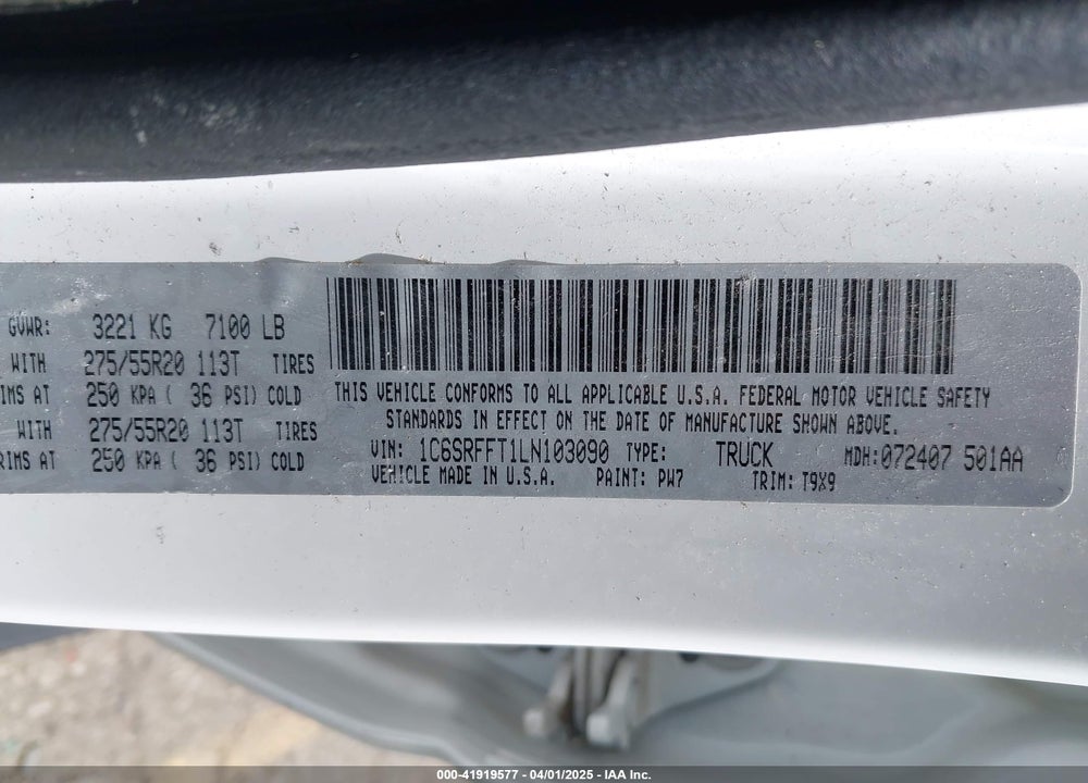 2020 RAM 1500 VIN: 1C6SRFFT1LN103090