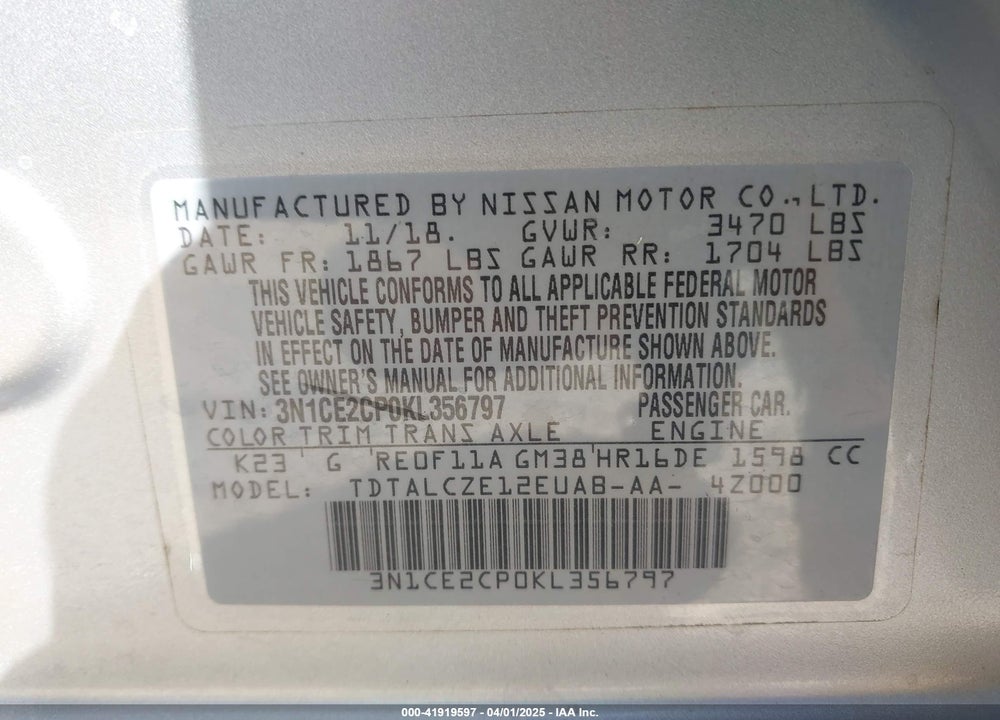 2019 NISSAN VERSA NOTE VIN: 3N1CE2CP0KL356797