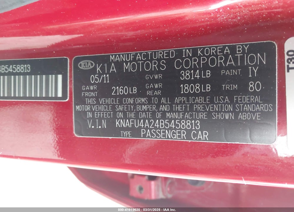 2011 KIA FORTE VIN: KNAFU4A24B5458813