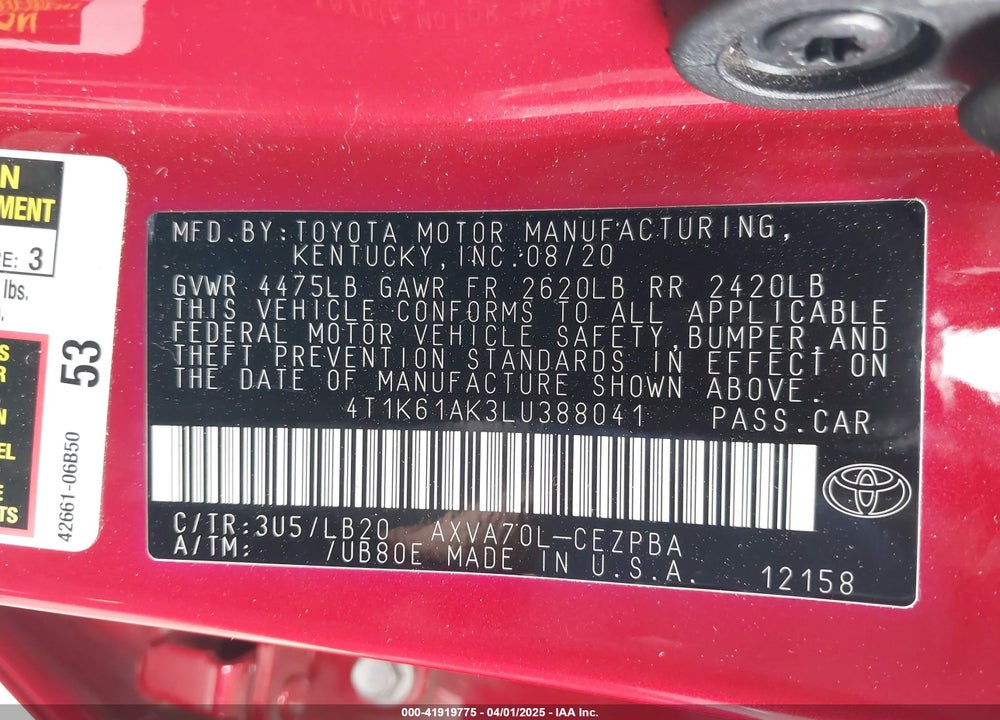 2020 TOYOTA CAMRY VIN: 4T1K61AK3LU388041