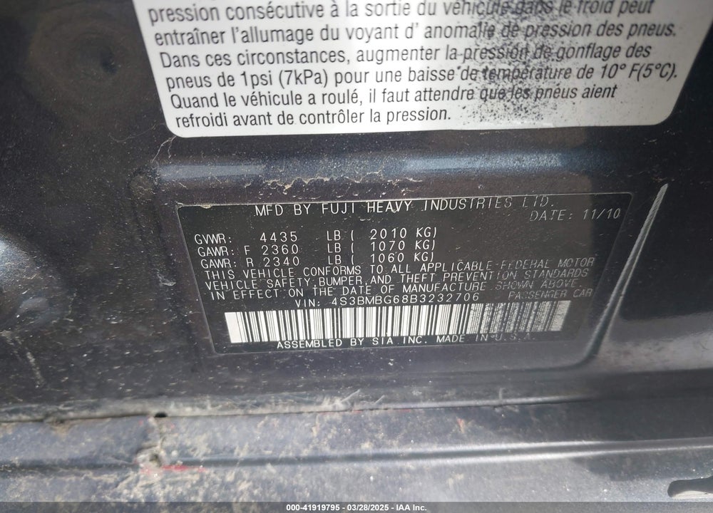 2011 SUBARU LEGACY VIN: 4S3BMBG68B3232706