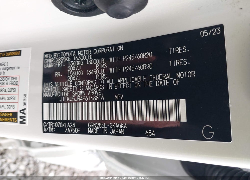 2023 TOYOTA 4RUNNER VIN: JTEKU5JR4P6168816
