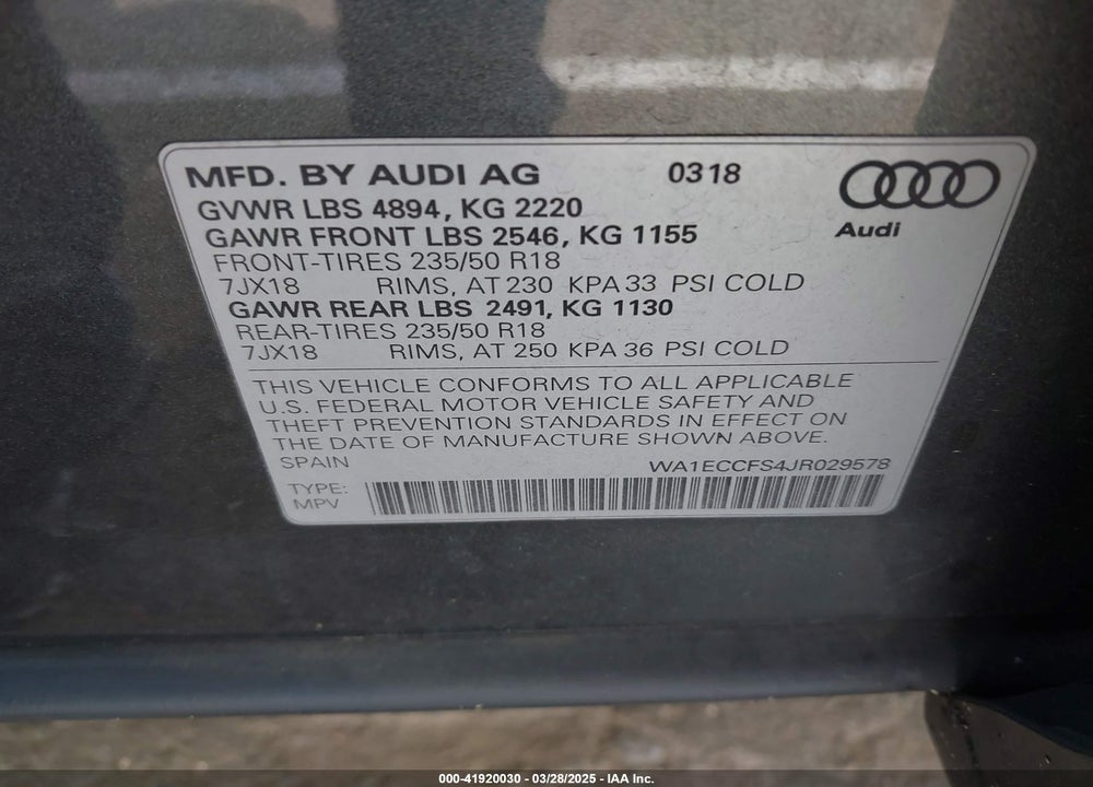 2018 AUDI Q3 2.0T PREMIUM/2.0T SPORT PREMIUM VIN: WA1ECCFS4JR029578