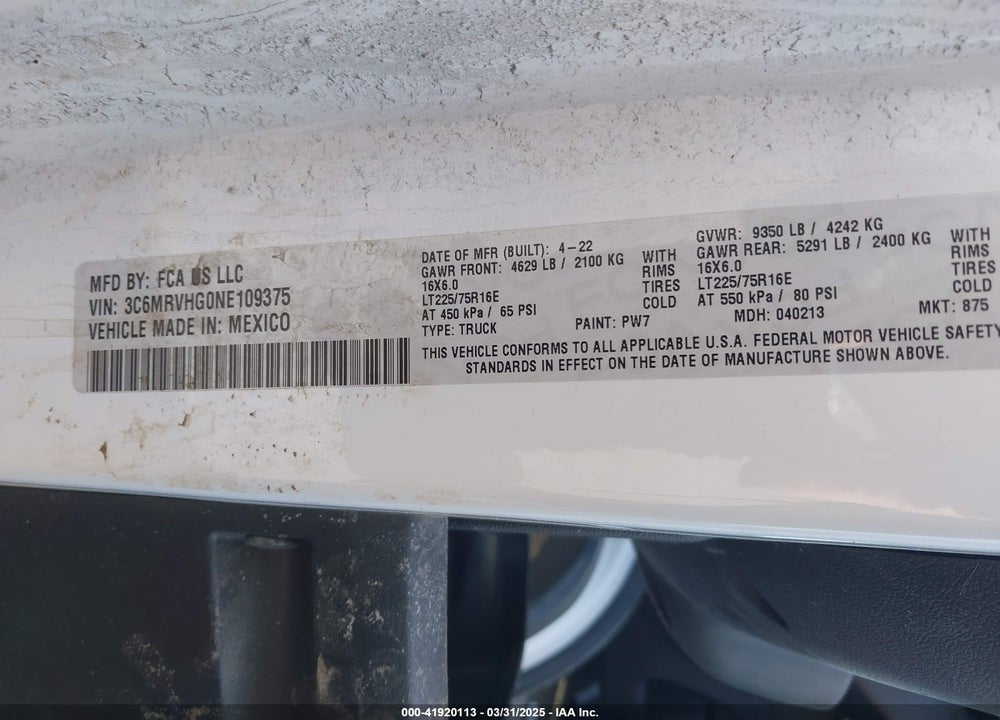 2022 RAM PROMASTER 3500 HIGH ROOF 159 WB VIN: 3C6MRVHG0NE109375