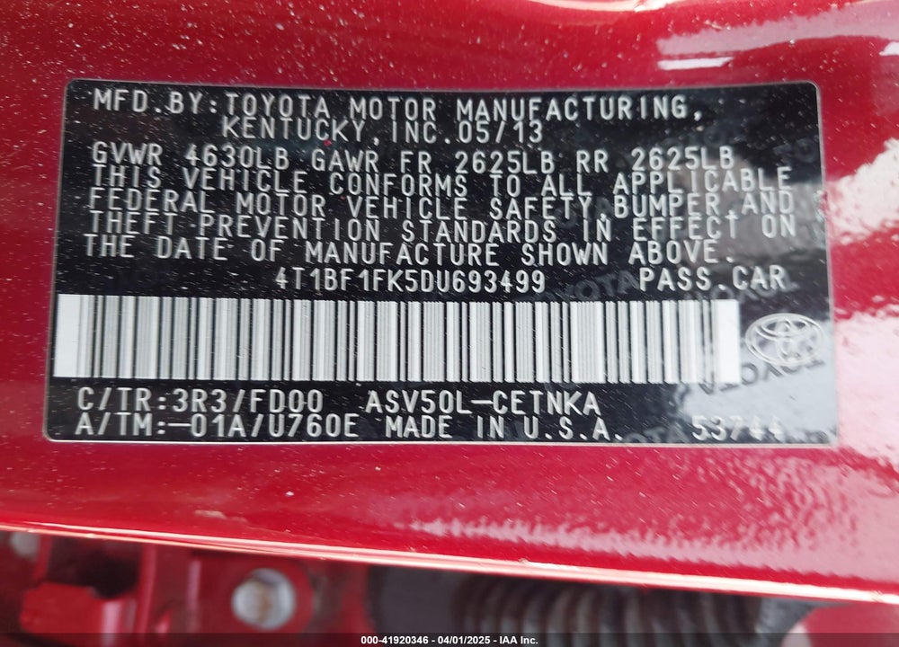 2013 TOYOTA CAMRY VIN: 4T1BF1FK5DU693499