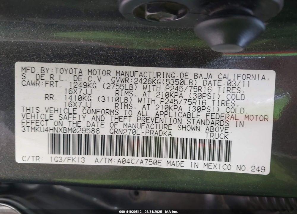 2011 TOYOTA TACOMA PRERUNNER V6 VIN: 3TMKU4HNXBM029588