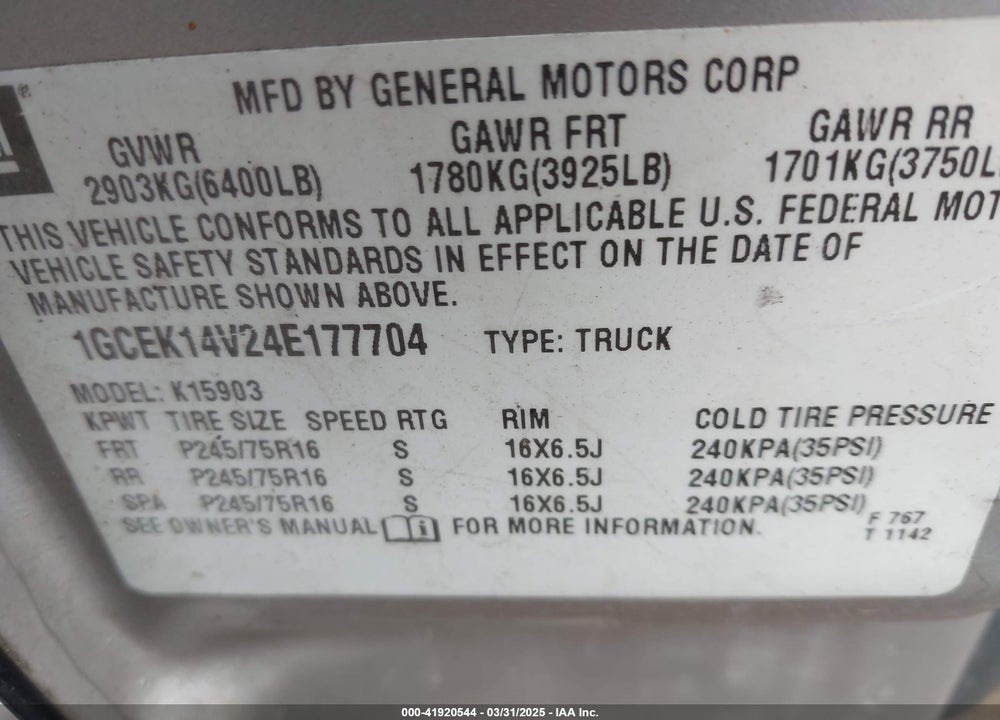 2004 CHEVROLET SILVERADO 1500 WORK TRUCK VIN: 1GCEK14V24E177704