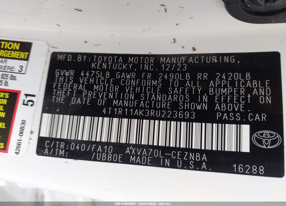 2024 TOYOTA CAMRY VIN: 4T1R11AK3RU223693