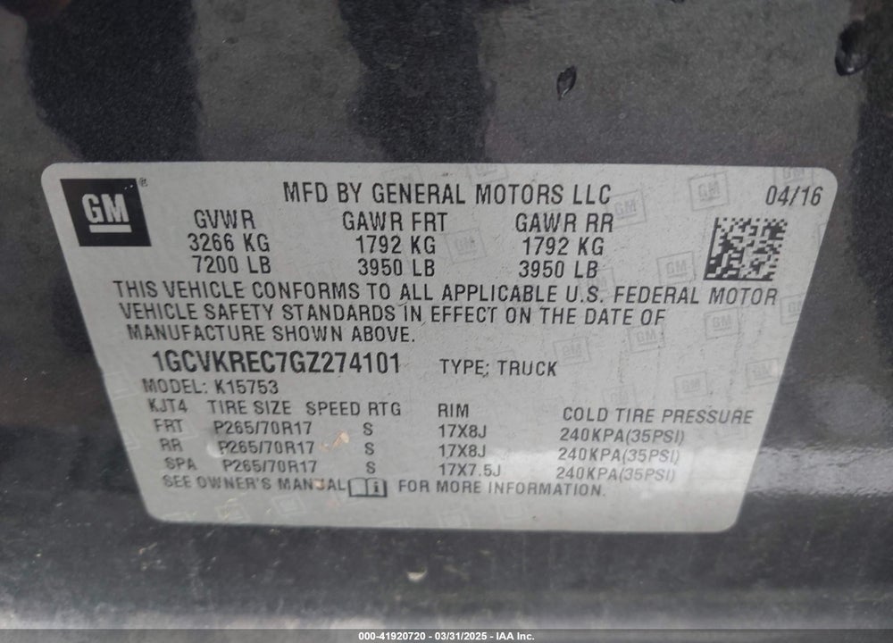 2016 CHEVROLET SILVERADO K1500 LT VIN: 1GCVKREC7GZ274101