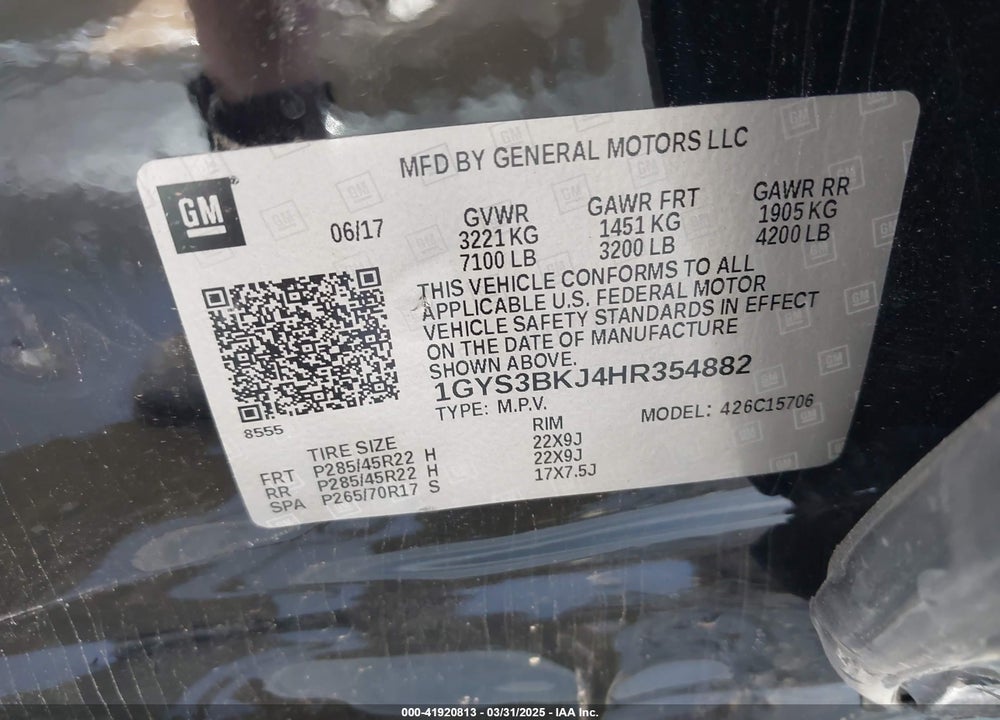 2017 CADILLAC ESCALADE LUXURY VIN: 1GYS3BKJ4HR354882