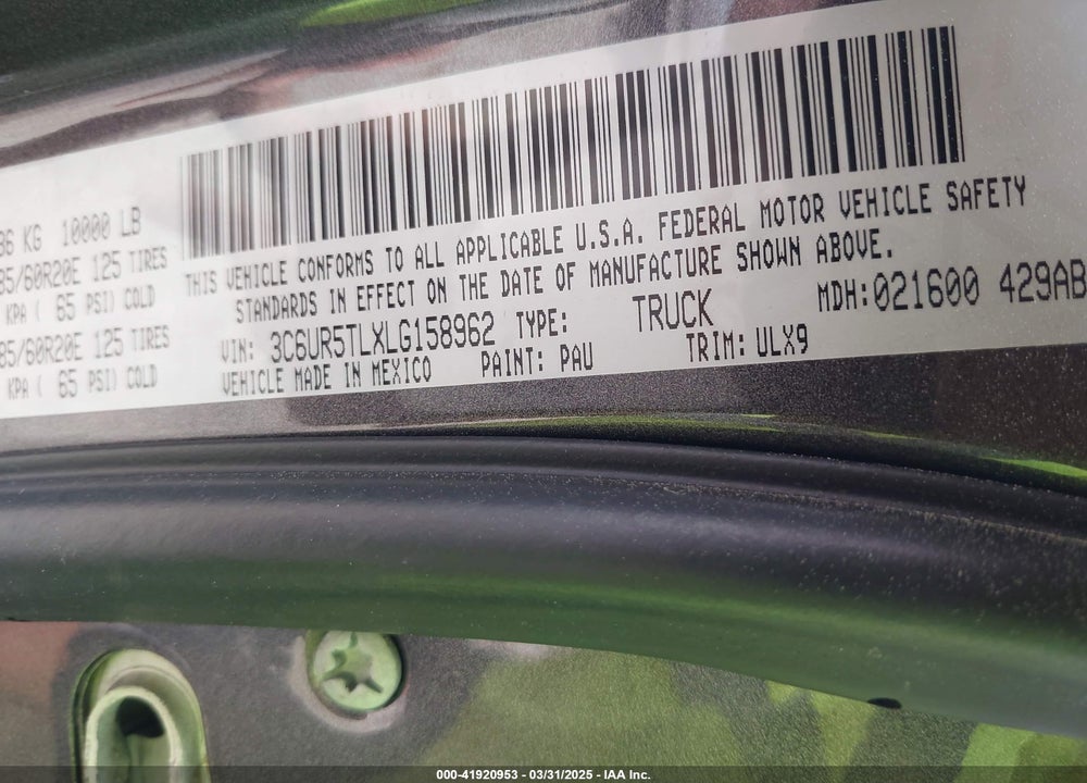 2020 RAM 2500 VIN: 3C6UR5TLXLG158962