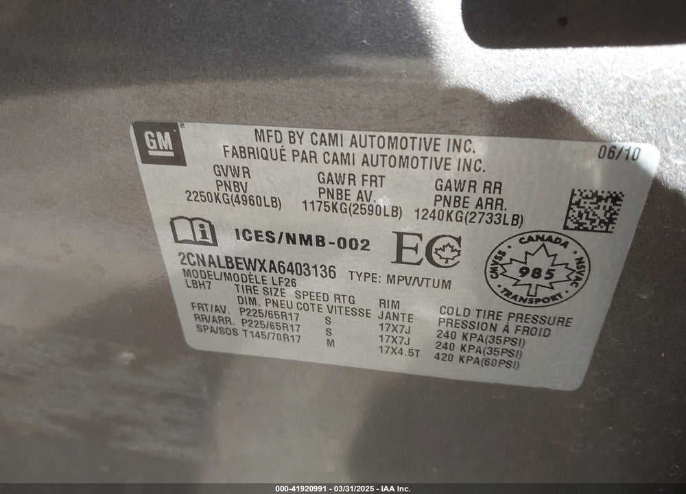 2010 CHEVROLET EQUINOX LS VIN: 2CNALBEWXA6403136