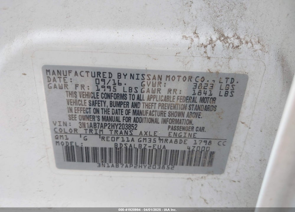 2017 NISSAN SENTRA VIN: 3N1AB7AP2HY203852