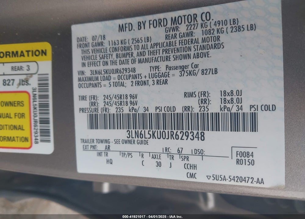 2018 LINCOLN MKZ HYBRID VIN: 3LN6L5KU0JR629348