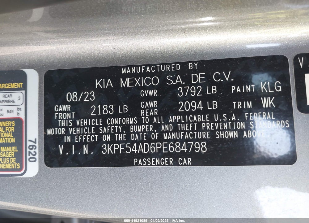 2023 KIA FORTE VIN: 3KPF54AD6PE684798