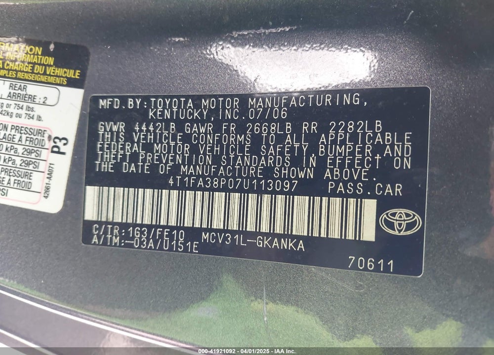 2007 TOYOTA CAMRY SOLARA VIN: 4T1FA38P07U113097