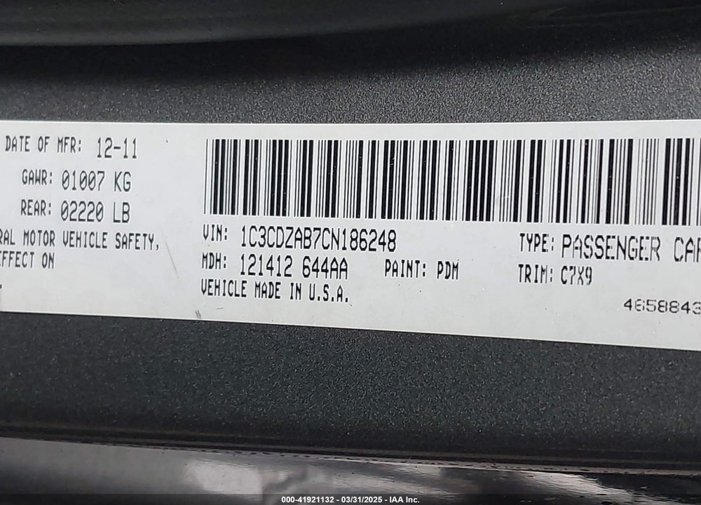 2012 DODGE AVENGER SE VIN: 1C3CDZAB7CN186248