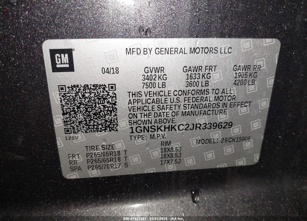 2018 CHEVROLET SUBURBAN VIN: 1GNSKHKC2JR339629