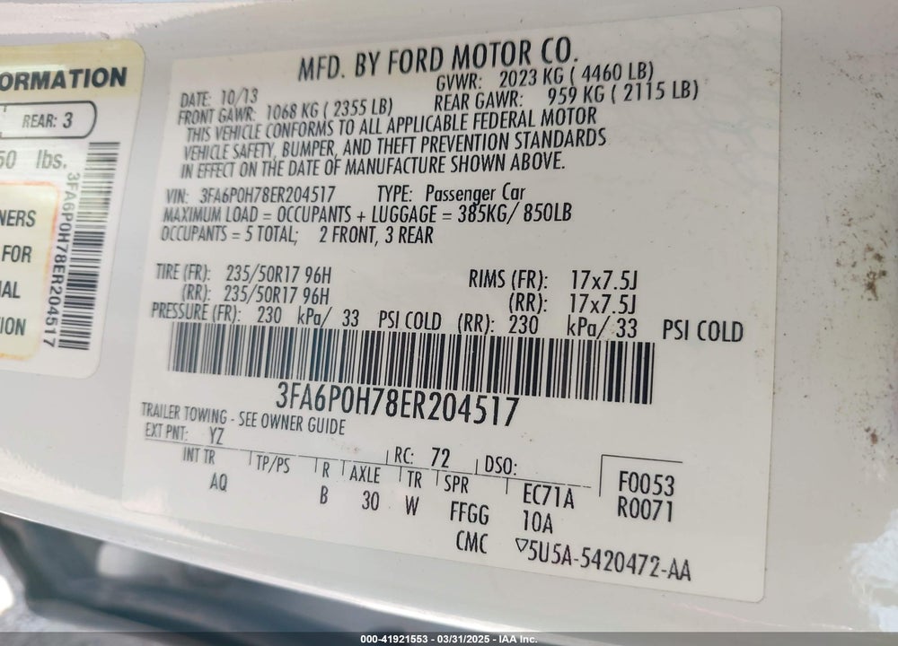 2014 FORD FUSION VIN: 3FA6P0H78ER204517