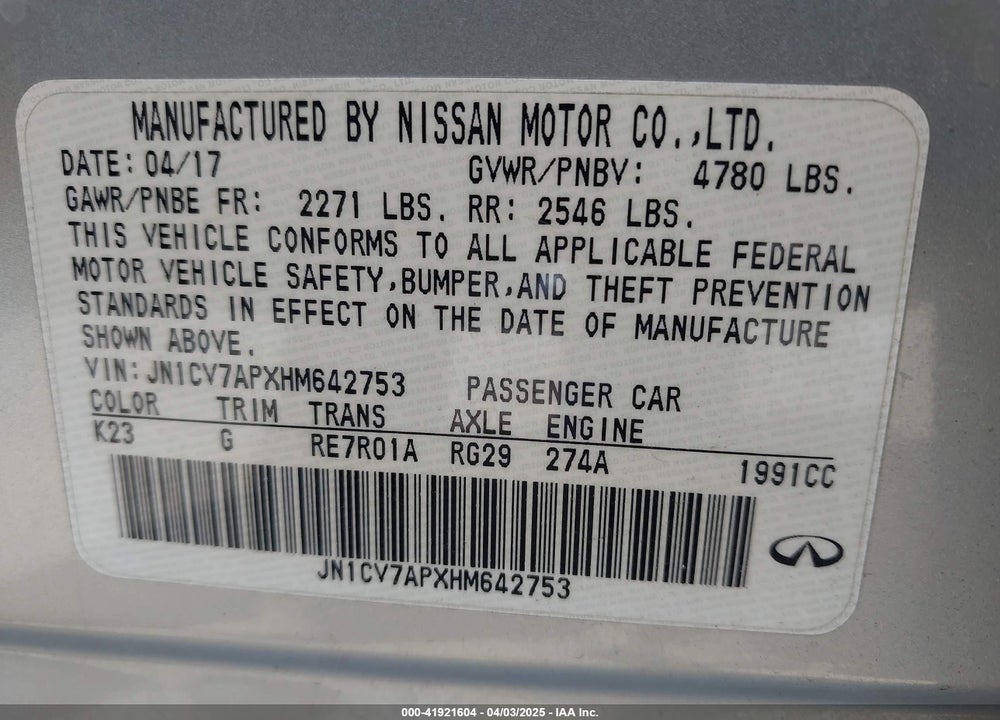 2017 INFINITI Q50 VIN: JN1CV7APXHM642753