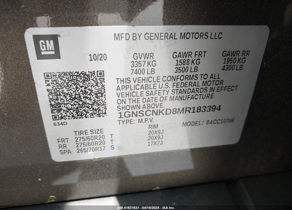2021 CHEVROLET TAHOE VIN: 1GNSCNKD8MR183394