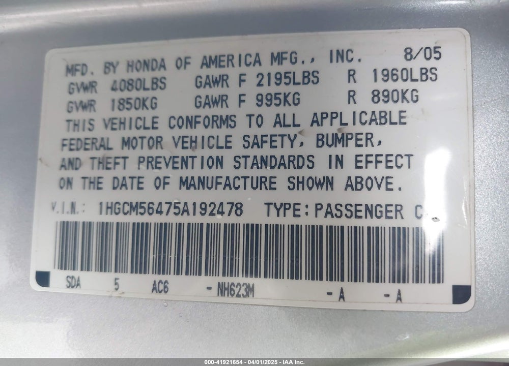2005 HONDA ACCORD 2.4 LX VIN: 1HGCM56475A192478