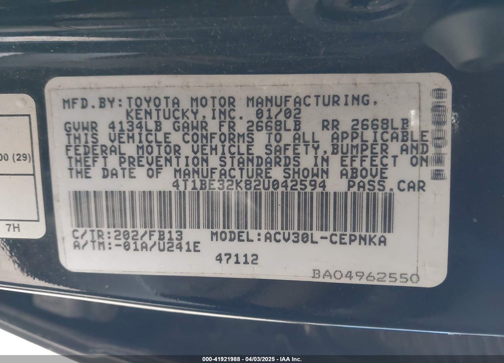 2002 TOYOTA CAMRY VIN: 4T1BE32K82U042594