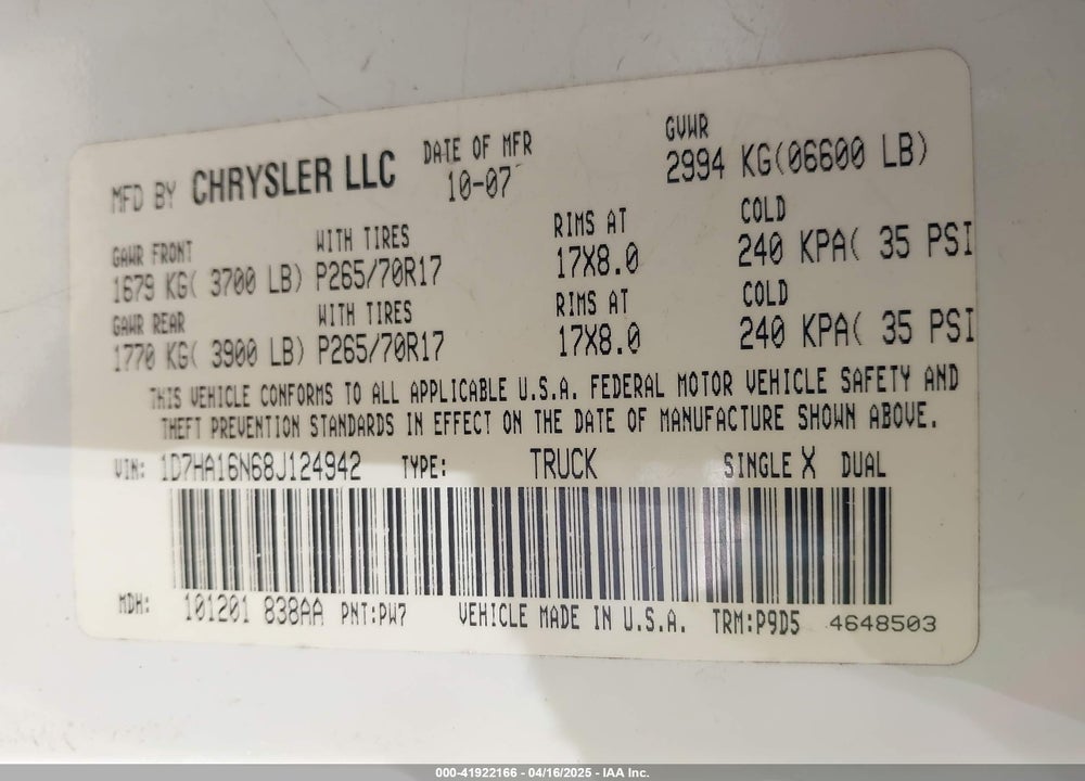 2008 DODGE RAM 1500 ST/SXT VIN: 1D7HA16N68J124942