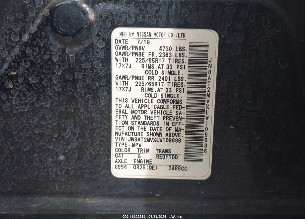 2020 NISSAN ROGUE VIN: JN8AT2MVXLW109696