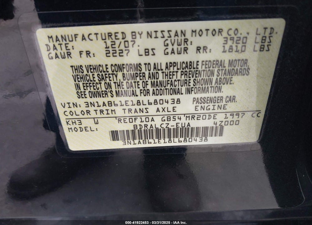 2008 NISSAN SENTRA VIN: 3N1AB61E18L680438