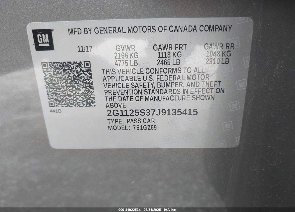 2018 CHEVROLET IMPALA VIN: 2G1125S37J9135415