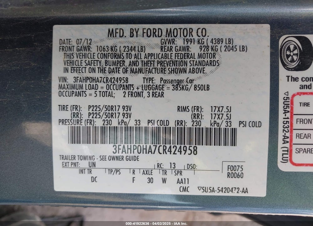 2012 FORD FUSION VIN: 3FAHP0HA7CR424958