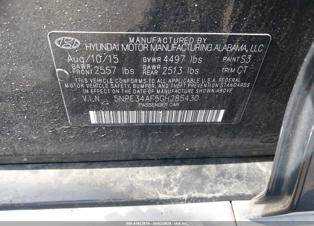 2016 HYUNDAI SONATA VIN: 5NPE34AF5GH285430