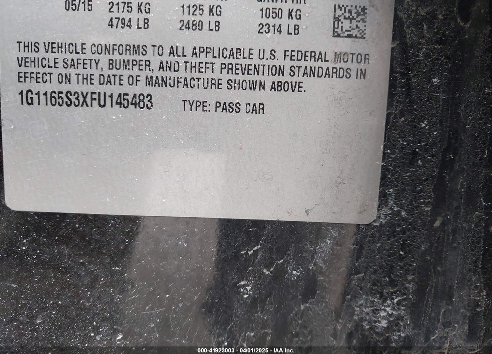 2015 CHEVROLET IMPALA 2LZ VIN: 1G1165S3XFU145483