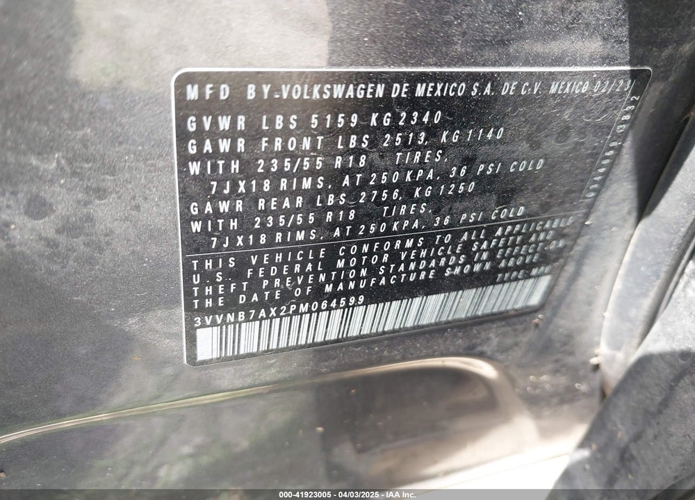 2023 VOLKSWAGEN TIGUAN VIN: 3VVNB7AX2PM064599