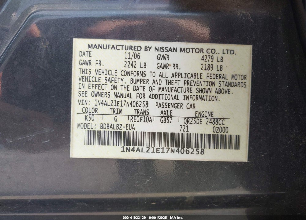 2007 NISSAN ALTIMA VIN: 1N4AL21E17N406258