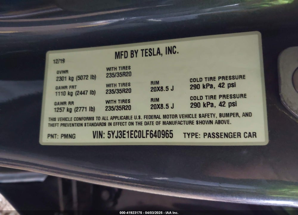 2020 TESLA MODEL 3 PERFORMANCE DUAL MOTOR ALL-WHEEL DRIVE VIN: 5YJ3E1EC0LF640965