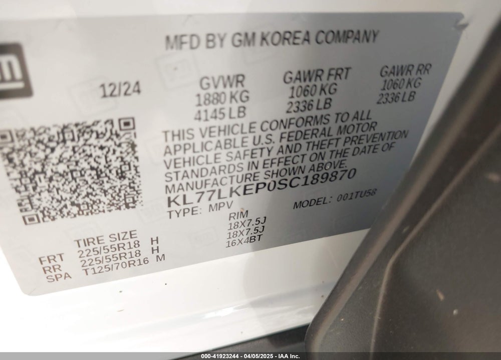 2025 CHEVROLET TRAX VIN: KL77LKEP0SC189870