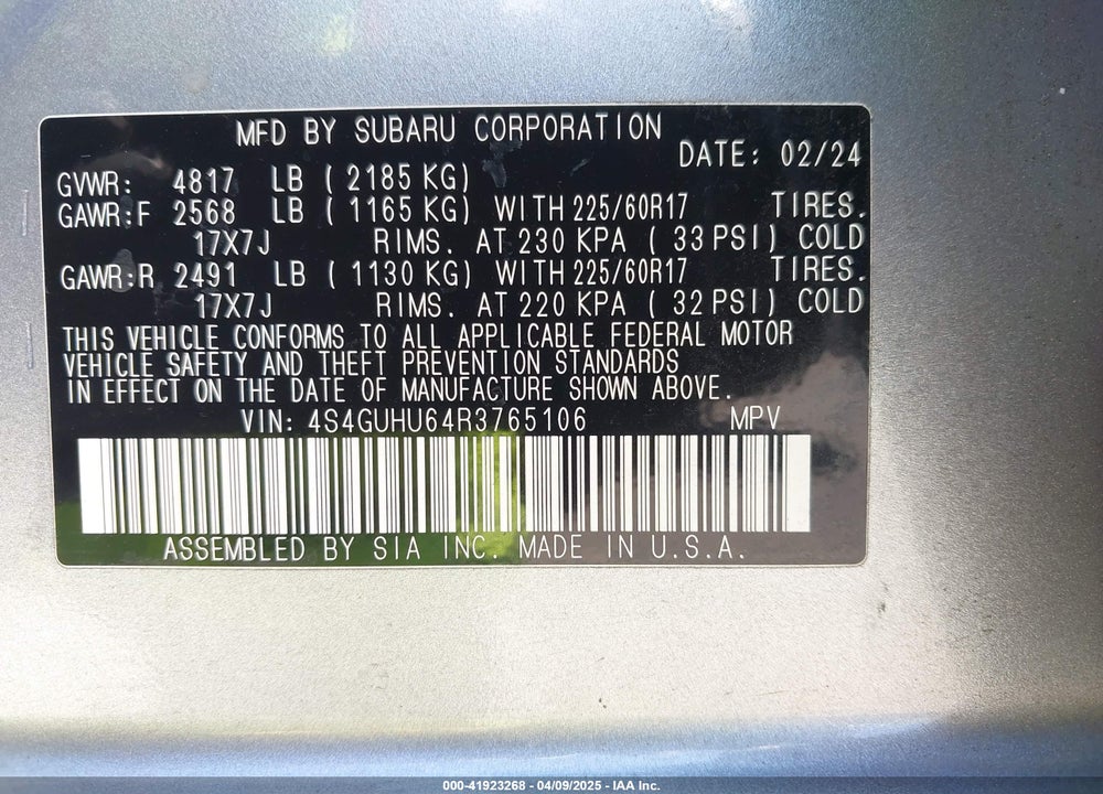 2024 SUBARU CROSSTREK VIN: 4S4GUHU64R3765106