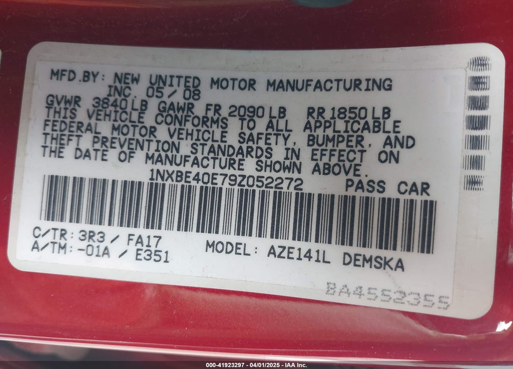 2009 TOYOTA COROLLA XRS VIN: 1NXBE40E79Z052272