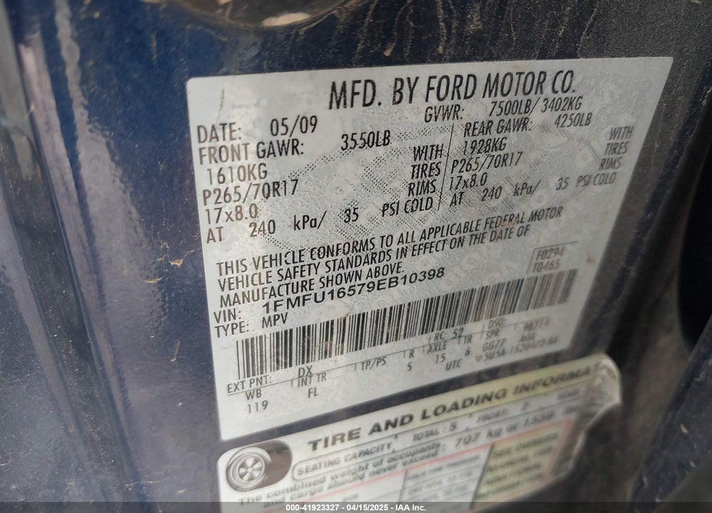 2009 FORD EXPEDITION XLT VIN: 1FMFU16579EB10398