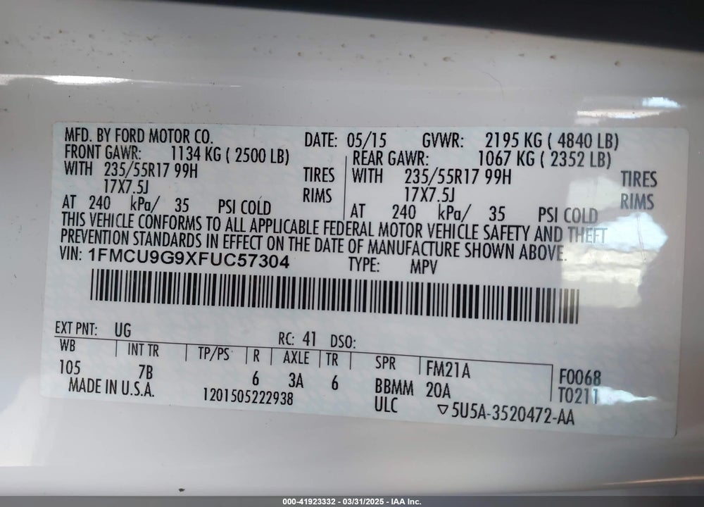 2015 FORD ESCAPE VIN: 1FMCU9G9XFUC57304